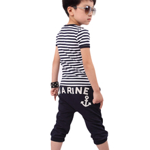 New 2015 summer clothing sets kids pants Top boys girls Stripe and plaid clothes children tracksuit