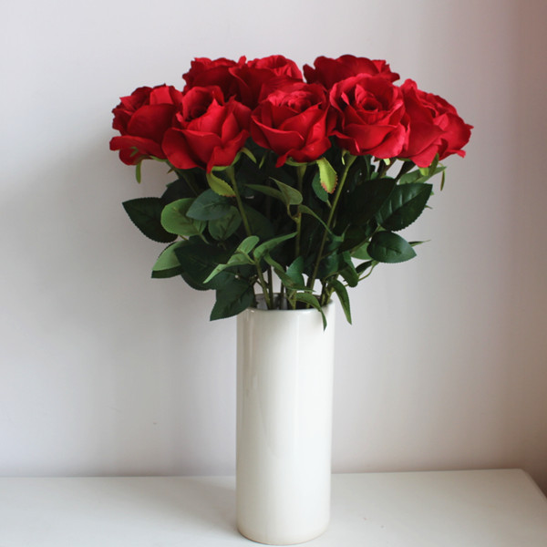 (10 Pcs/lot)2014 Good Free shipping Wedding Decoration Sigle Real Touch Silk Artificial Roses Decorative Rose Flower