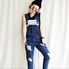 2015 European Style Street Fashion Jeans Jumpsuit women Was Thin Denim Overalls Loose Ripped Beggar Pants Plus Size Hot Sale B2