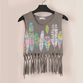 Feathers Printed Crop Top 2016 Sexy Summer Women Tassels Sleeveless Tank Casual Loose Black White Gray