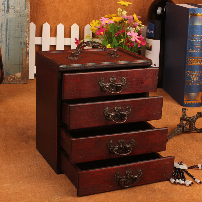 Retro Four Ancient Ming and Qing Complex Wooden Mirror Jewelry Casket