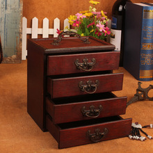 Retro Four Ancient Ming and Qing Complex Wooden Mirror Jewelry Casket