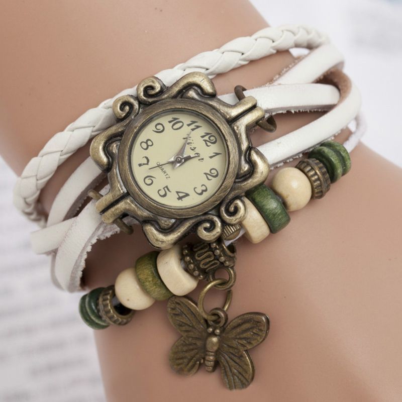 2015 Vintage High Quality Women Butterfly Pendant Bracelet Wristwatch Braided Leather Quartz Dress Watch Women Clock