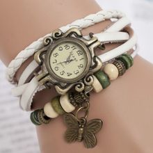 2015 Vintage High Quality Women Butterfly Pendant Bracelet Wristwatch Braided Leather Quartz Dress Watch Women Clock D*MHM356#S8