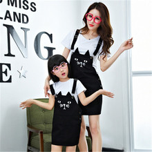 Free shipping new style Summer 2016 women casual clothes family sets Cute cat denim strap dress + white t-shirt