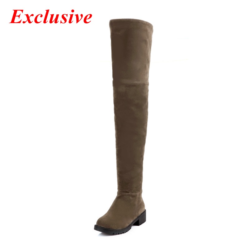 Low-heeled high boots 2015 latest Nubuck Leather Knee boots Winter Short plush Woman shoe Zip Square heel Low-heeled high boots