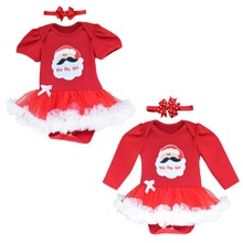 New 12.25 Chirstmas Santa Claus Pattern Cute Infant Baby Girls Climb Romper Dress Clothes Costume with Headband For 0~12Mouth