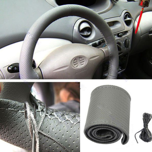 New Fashion PU Leather DIY Car Steering Wheel Cover With Needle and Thread Black Grey Khaki