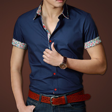 2015 Spring&Summer Men Shirt Short Sleeve 100% Cotton Thin Flower Collar&Cuff Pocket Blue Soft Male Tops&Shirt For Men 6 Style