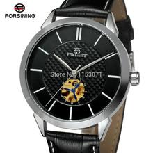 2015 de descuento Forsining kol saati con dial negro y cuero de lujo de diseño para hombre de plata del caso caja de regalo para FSG8083M3S2