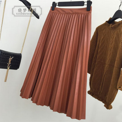 2015 Spring Europe and US PU pleated skirts long maxi leather skirt female vintage skirt 6 colors available