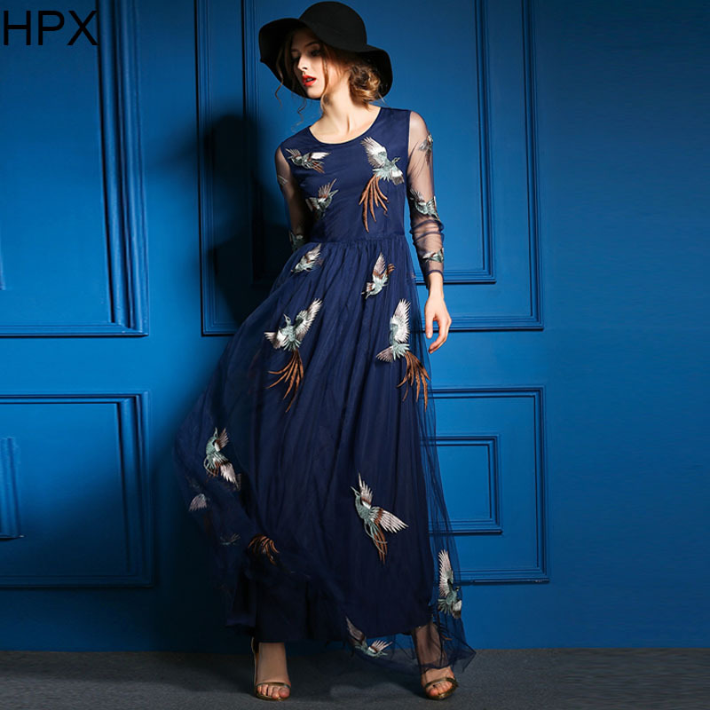 Women Blue Mesh Phoenix Embroidery Ladies Long Ball Gown Elegant Dress 2015 Spring Summer New European American Style Vestidos