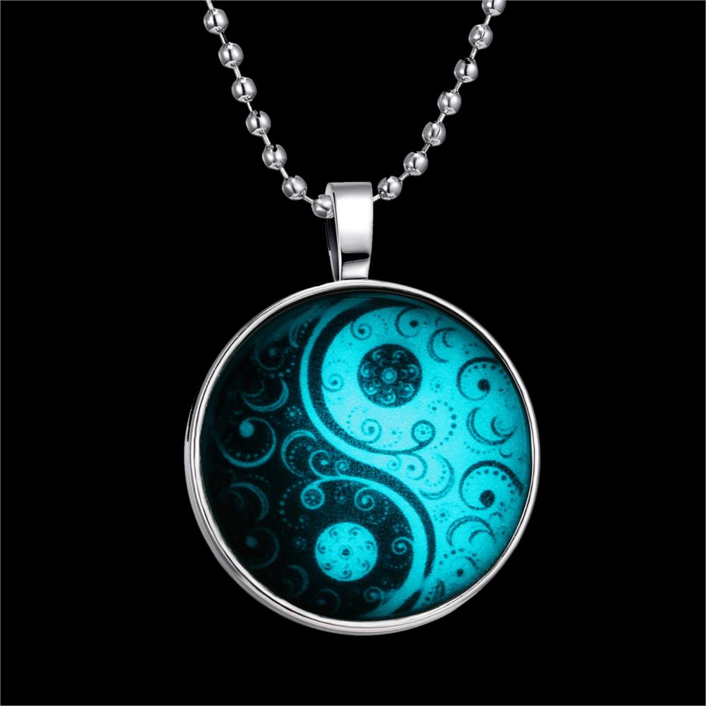 Antique Tai Chi Necklace Glass Cabochon Statement Silver Long Bead Chain Pendant Necklace Glow In Dark