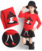 z6 Girl kid Queen High heeled Shoes Cartoon Embroidery blouse and Skirt terno roupa 2pcs set