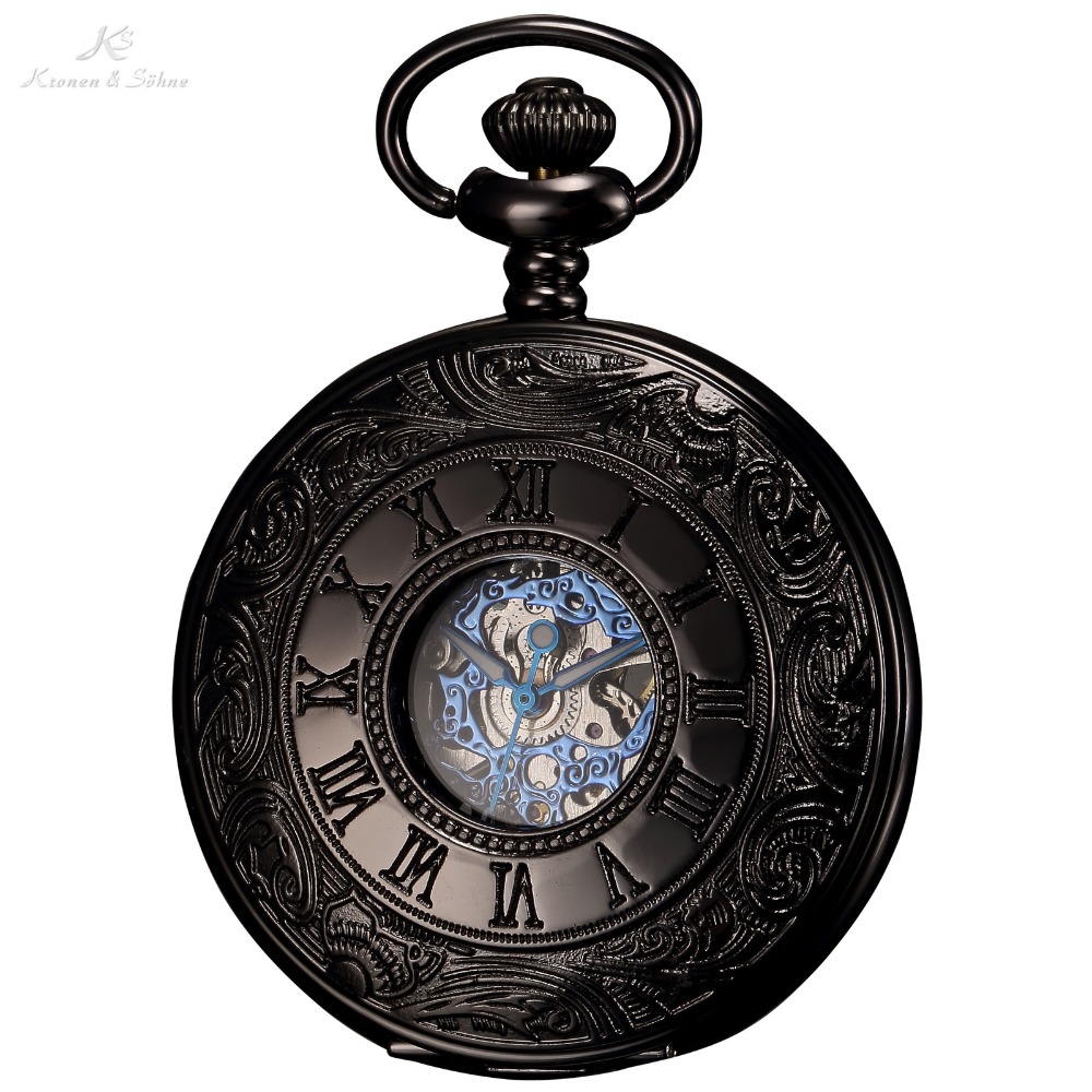 KS Brand Retro Blue Roman Skeleton Relogio De Bolso Men Hand Wind Mechanical Watch Necklace Clock