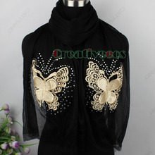 Elegant Fashion Women s Mesh Sheer With Butterfly Rhinestone 2 Layer Long Scarf Shawl