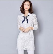 2016 Summer Fashion Women Lace Shirts Patchwork Long Sleeve Turn-down Collar White Lace Blouses Casual Design Solid Tops
