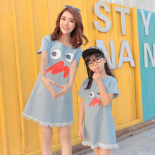 2016 mother daughter matching dresses summer style mommy and me clothes women cartoon blue denim patchwork casual loose dress