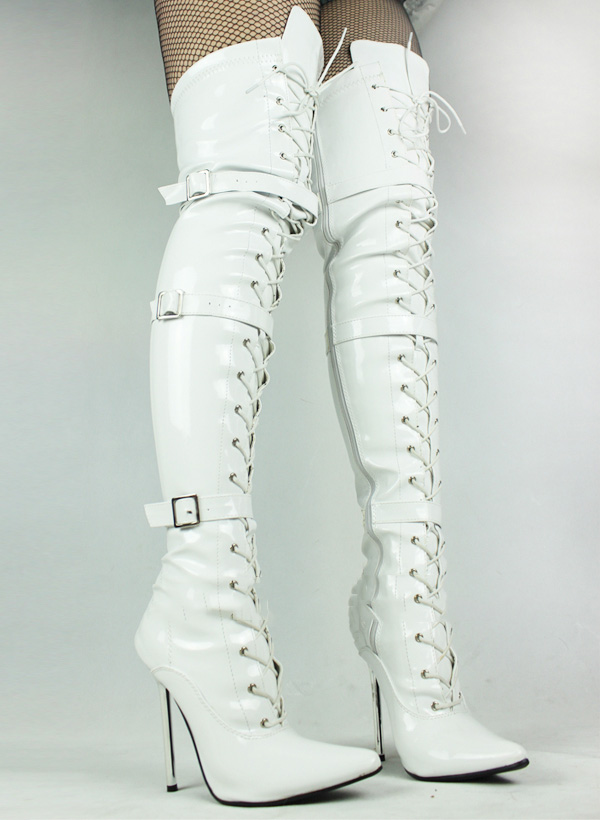 Buckle Strap Thigh High Boots Patent Leather White Over The Knee Sexy 6563