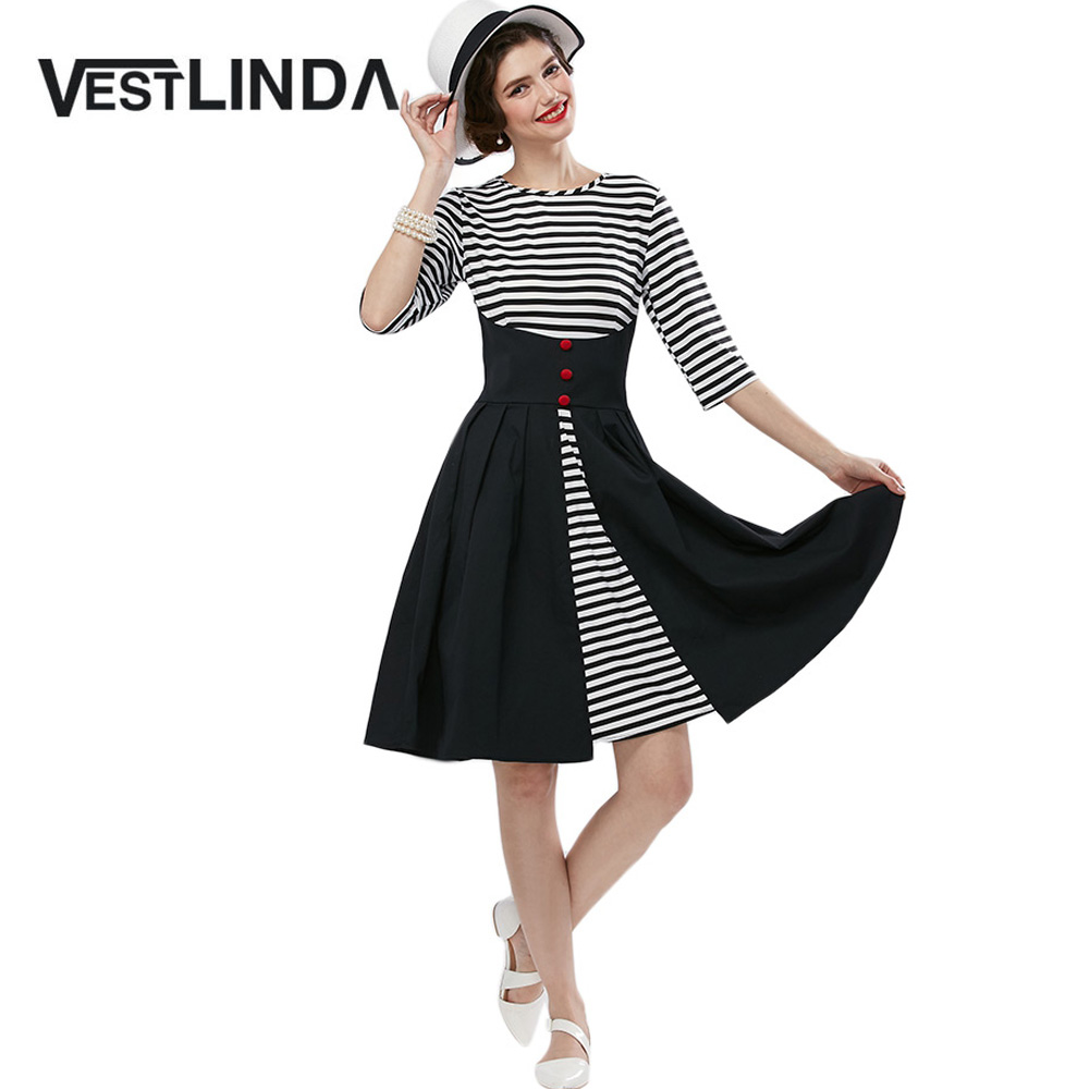 VESTLINDA Vintage Dress Black White Stripper Dress Women O Neck 34 Sleeve A Line Mid Calf Long Dress Vestido De Festa Plus Size 1