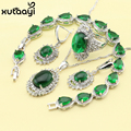 Fashion Sterling Silver Overlay Jewelry Sets For Women Green Created Emerald Smooth Necklace Rings Earrings Bracelet