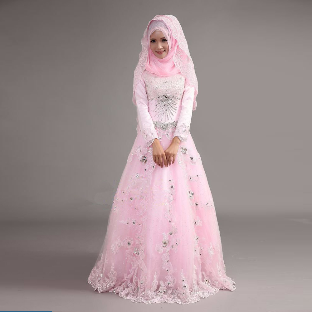 Discount Saudi Arabia Muslim Wedding Dresses Pink With Hijab High Neck Beaded Lace Appliques Sequins Long Sleeves