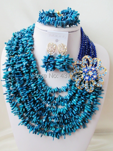 Amazing! Royal Blue Crystal and Blue Coral Beads Costume Necklaces Nigerian Wedding African Beads Jewelry Set TC160