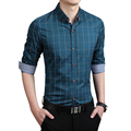 2016 100 Top Quality Men Dress Shirts Blue Plaid Shirt Men Causal Striped Shirts Men Camisa