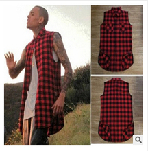 Black/White/Red Plaid XXXL Long Back Zipper Streetwear Swag Man Hip Hop Skateboard Tyga T-shirt T shirt Top Tees Men Clothing