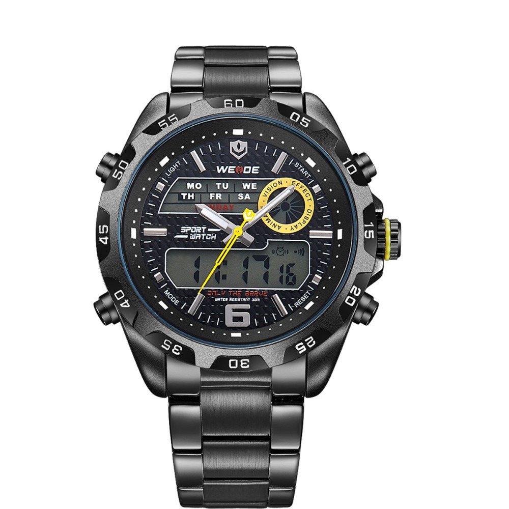 WEIDE WH 3403 Men s Casual Stainless Steel Analog Digital Water Resistant Wristwatch Black Yellow