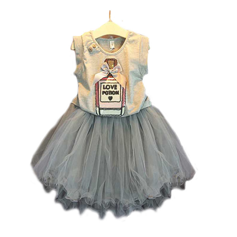 2015 fashion girls skirt summer sets 2 pcs white cartoon t shirt black pettiskirt lace suits