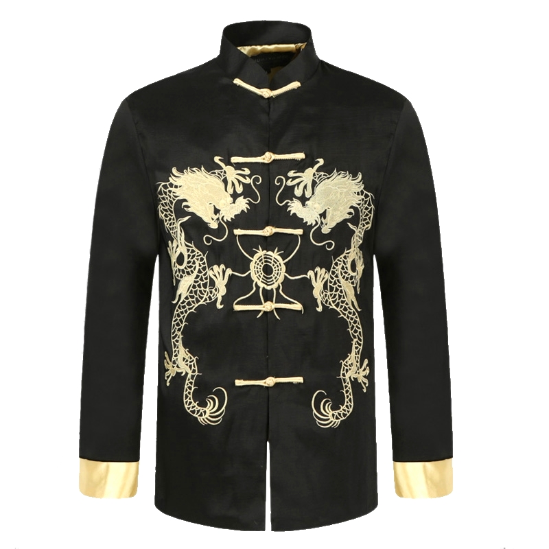 Black Traditional Chinese Men Silk Satin Coat Vintage Kung Fu Jacket