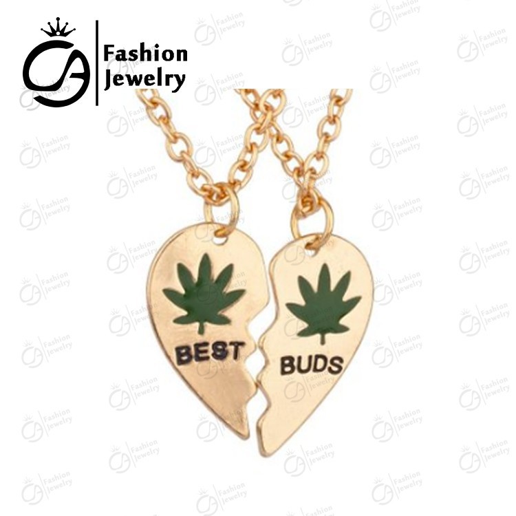 LN1031 Best Buds BFF Best Friends Heart Forever Pot Marijuana Leaf Necklaces