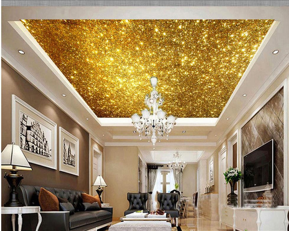 Golden 3d Ceiling Murals Wallpaper Bright Gold Particles Ceiling Design Home Decoration Ceiling Wallpaper