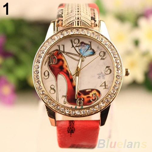 Women s Retro Rhinestone High Heeled Shoe Printed Faux Leather Wrist Watch 6L8D