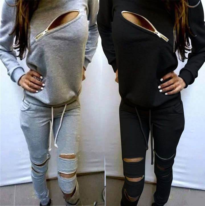 2015 Fashion Zipper Hollow Out Women Tracksuits Sport Suit O Neck Long sleeve Women Hoodies 2