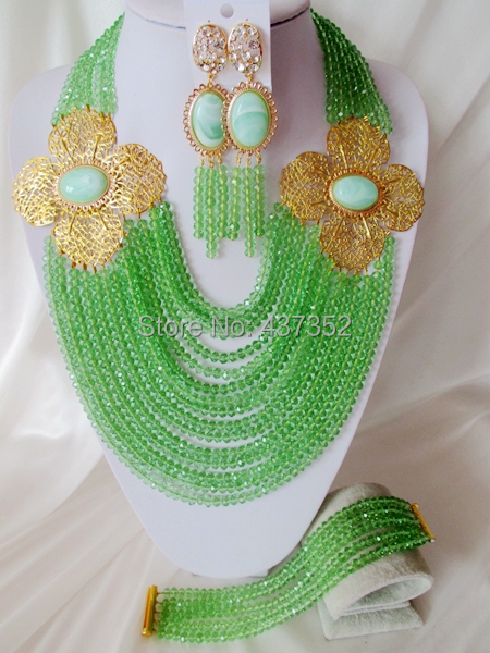 Luxury 15layers Flower Lemon Green African Nigerian Wedding Beads Jewelry Set Bridal Jewelry Sets Free Shipping CPS-3158