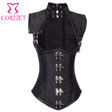 Black Brocade Collared Underbust Waist Training Corset Vest Trainer Steel Boned Steampunk Corsets Sexy Gothic Clothing For Women