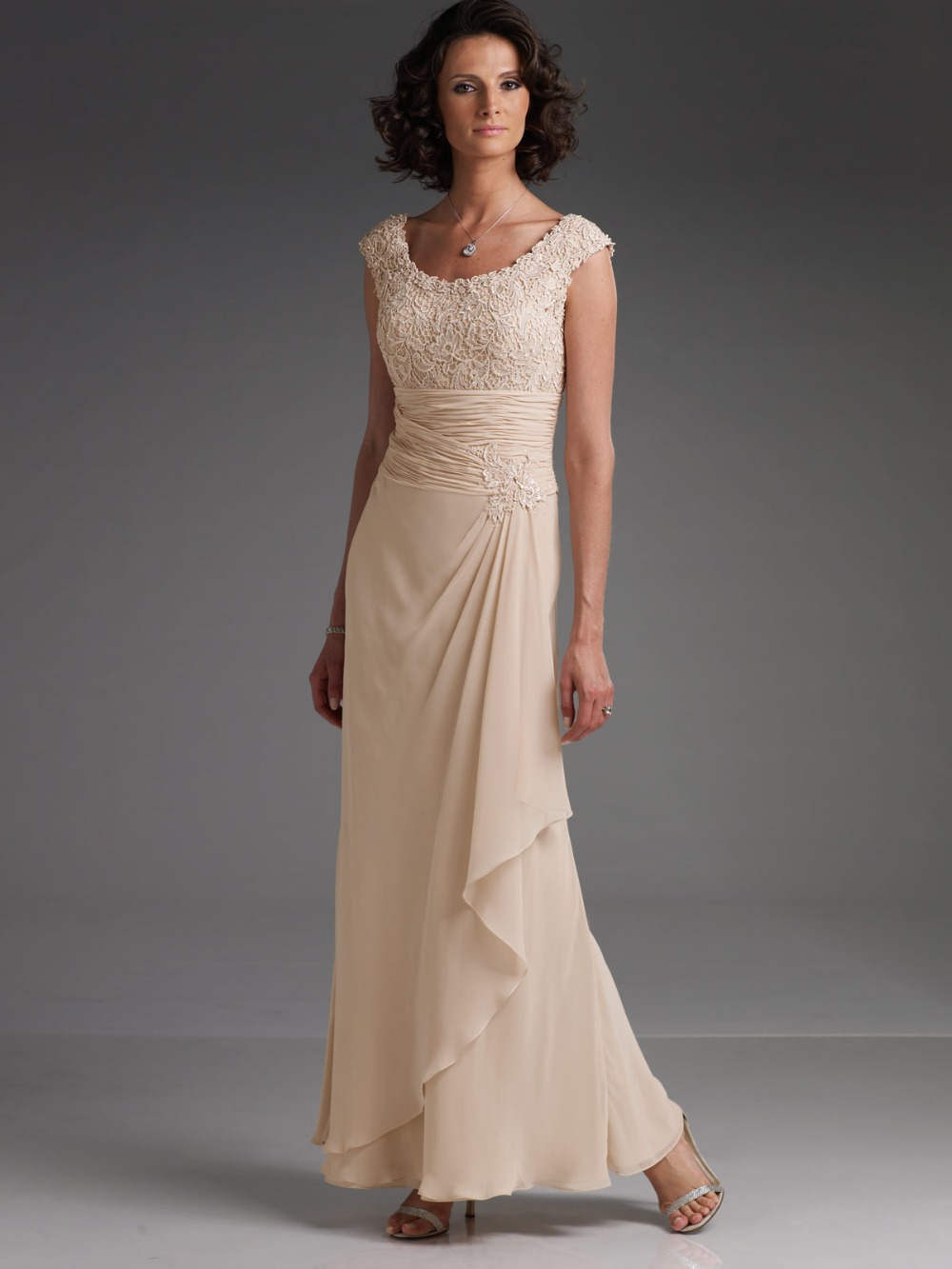 Fashion Ankle Length Maxi Champagne Lace Chiffon Mother Of The Bride Dresses Cap Sleeves FN298