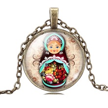 Vintage Antique Jewelry Glass Cabochon Silver Long Chain Necklace Tradition Russian Doll Picture Pendant Necklace Women
