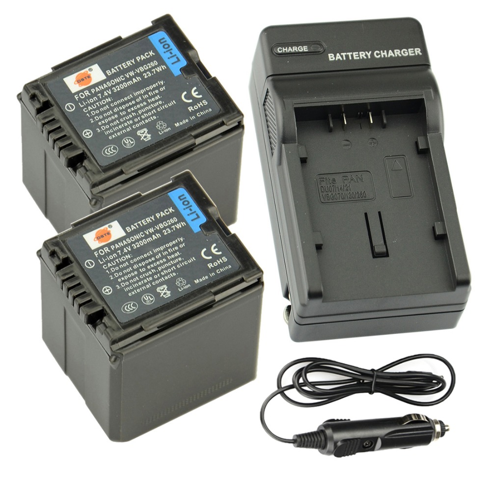 DSTE 2 Pcs 3200 mAh VW-VBG260 Rechargeable Battery + Charger For Panasonic HDC-SD1 HDC-HS9 HDC-SX5 HDC-DX1 NV-GS320 SDR-H18