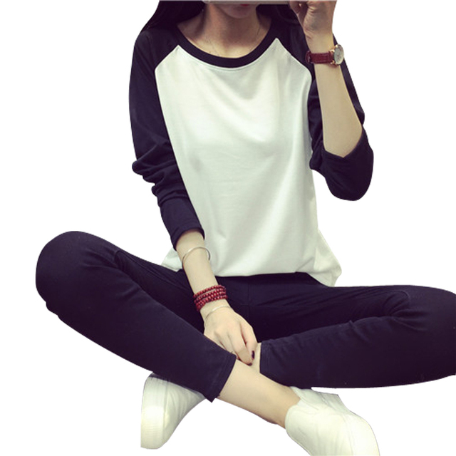 T shirt женщины 2015 Новый Корейский заклинание цвет письма печати футболка свободные длинными рукавами плюс размер футболка женщины топы poleras де mujer