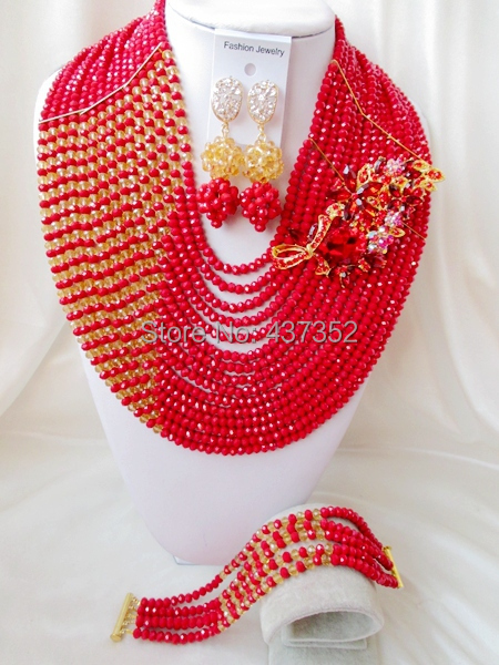 Necklaces For Women Champagne Gold Opaque Red Crystal costume jewellry nigerian wedding african beads jewelry set ABC595