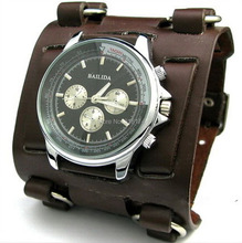 Nueva venta caliente Rock / Gothic / Punk Stlye hombres o señora reloj Brown 7.5 CM ancho del manguito de cuero Real de grandes relojes moda