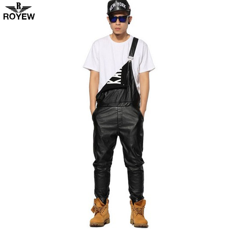 ROYEW Summer Style Fashion Unisex Leather Overalls PU Black Hip Hop