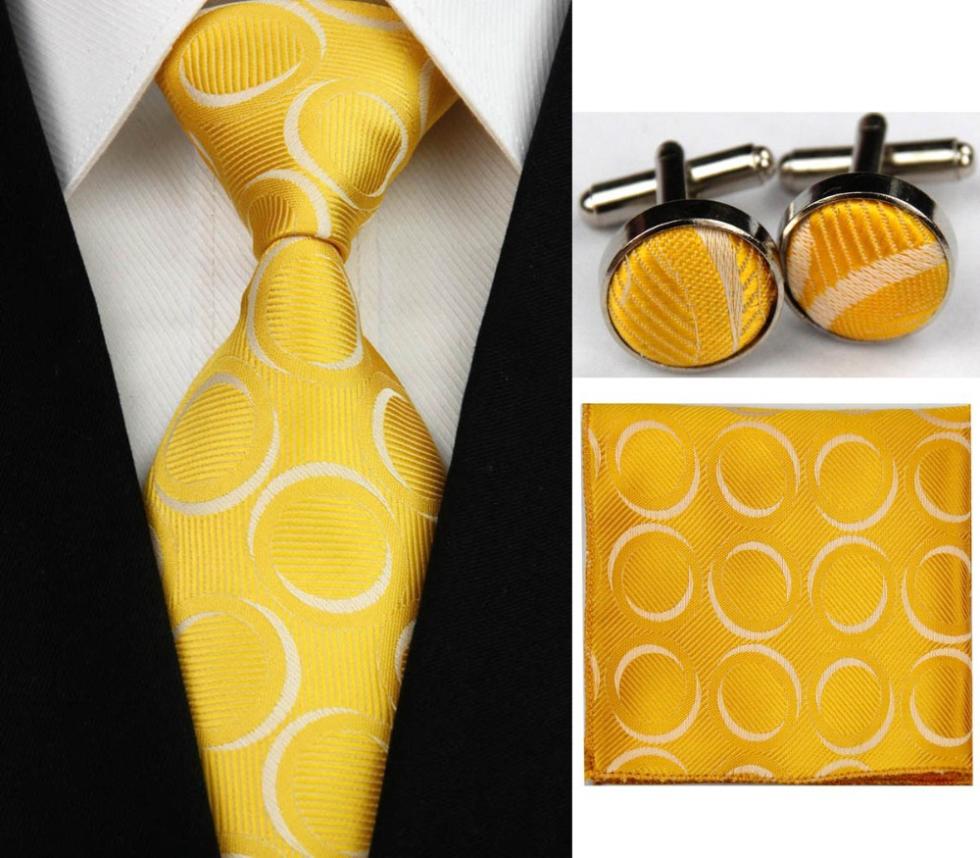 SNT0201 2014 NEW Neck Tie Set Hanky Cufflinks Solid Yellow Color Dot Men s Ties Men