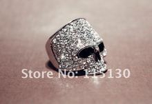 Europe  a silver colored full rhinestone skull rings, Free shipping,