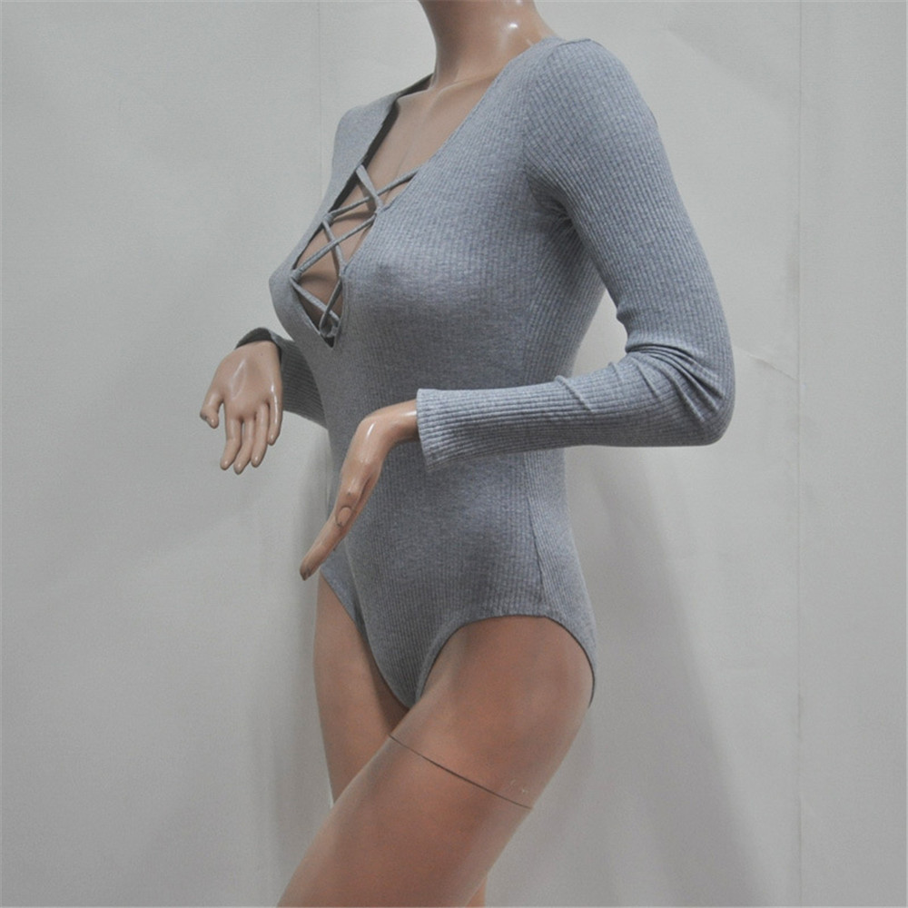Sexy deep v neck lace up jumpsuit romper women tops elastic slim long sleeve Kim Kardashian short bandage bodysuit (18)