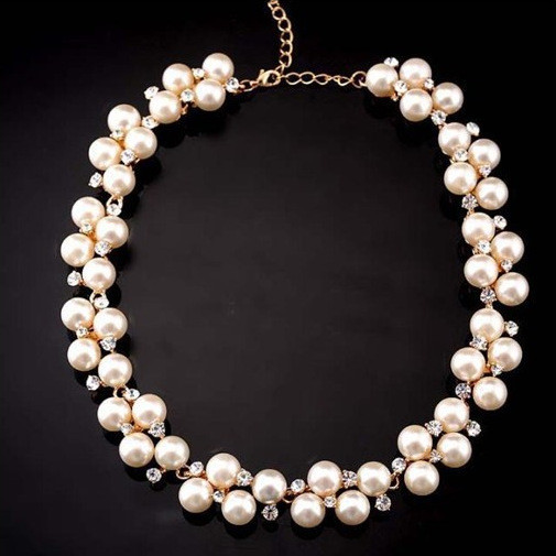 2015 New Charming Women s Fashion Shiny Alloy Golden Rhinestone Faux Pearl Beads Necklace Jewelry For