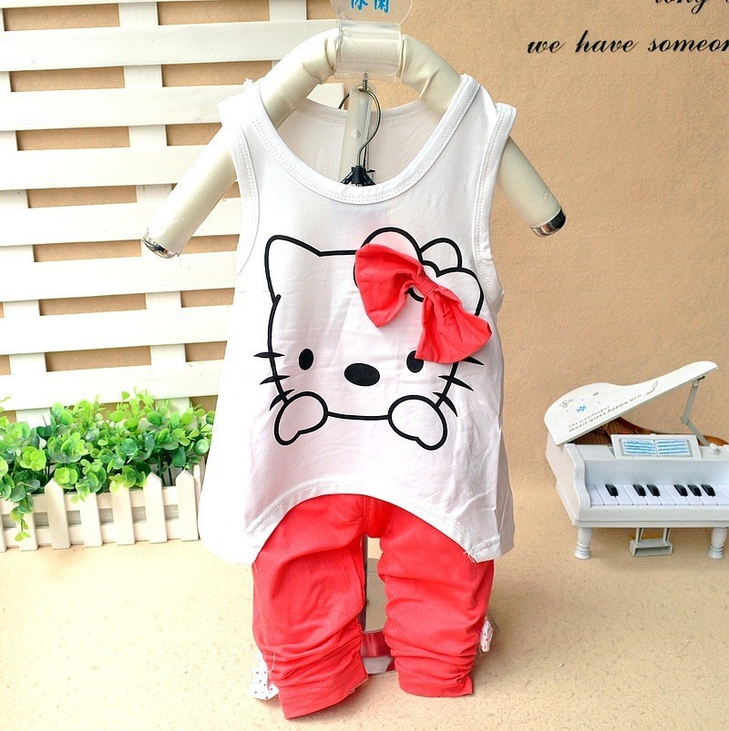 Girls clothing set Kitty summer suit vest +pants two sets of leisure suits baby girls bow KT cartoon cat suit children's clothes